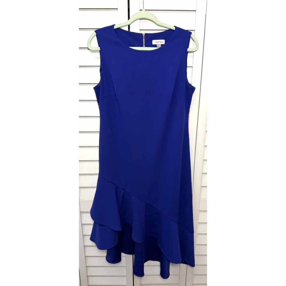 Calvin Klein Asymmetrical Sleeveless Ruffle Dress Women's Size 12 Royal Blue